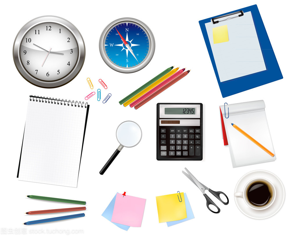 現代辦公的得力助手 計算器與辦公用品的矢量設計